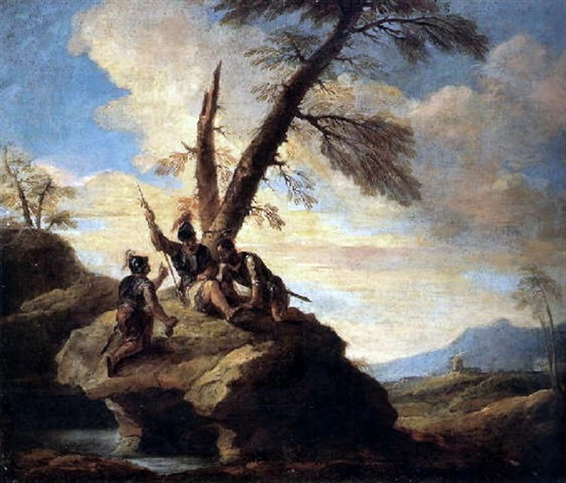 Soldati a riposo sotto un albero in un paesaggio meridionale